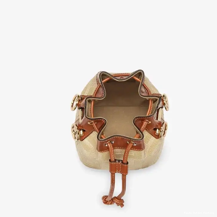 Affordable HOT Motif Fendi Straw In Handle Bag Tresor with Bucket Straw FF Mini Mon Beige 0604